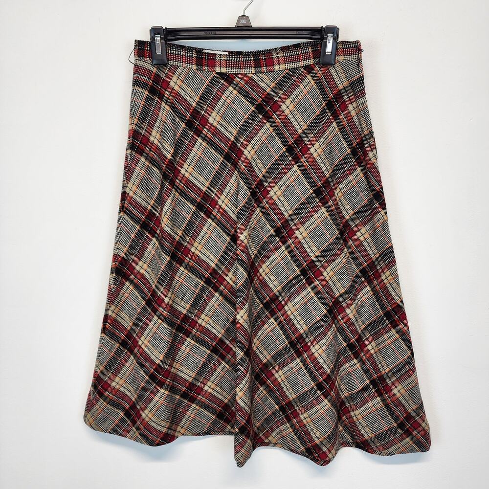 Vintage 70s Plaid Midi Shirt Size 14 26" Brown Red Wool Academia John Meyer